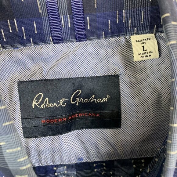 Robert Graham Mens Shirt Large Blue Plaid Button Up Long Sleeve Tailored Stretch - Picture 3 of 7